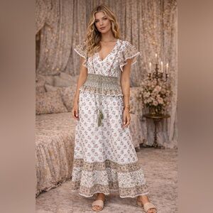 D13. Cotton Floral White and Green Maxi Dress